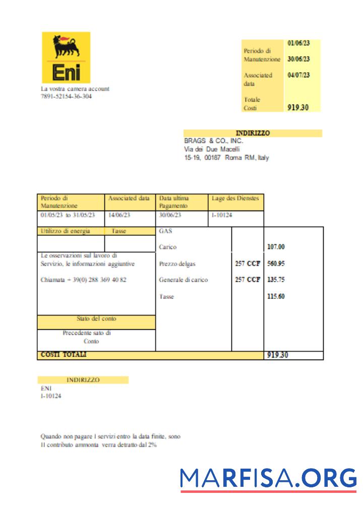 Printable Italy Gas utility business bill, SCR template